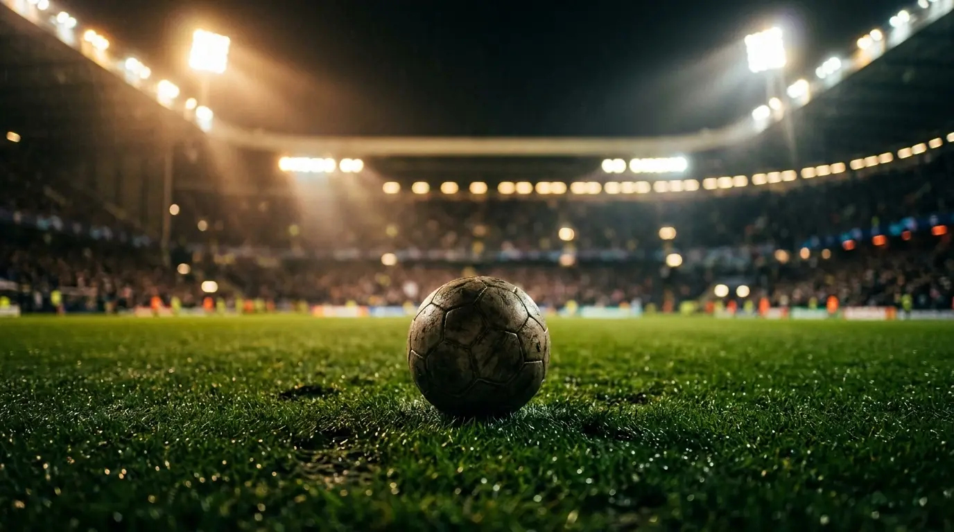 Piłka na murawie w blasku reflektorów, w tle rozmyte trybuny nocnego stadionu
