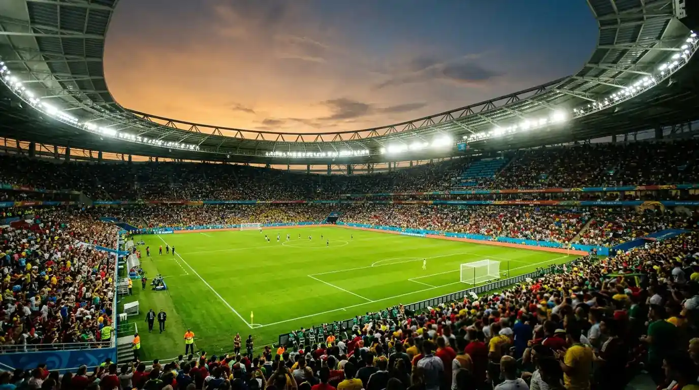 Rozświetlony stadion Mundialu 2026 wieczorem przed meczem fazy pucharowej, pełne trybuny