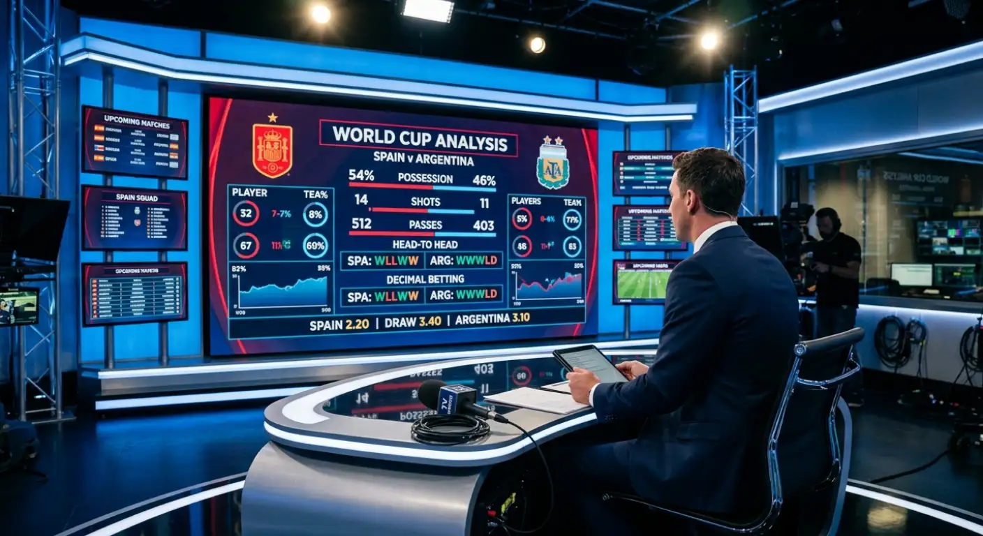 Statystyki na wielkim ekranie w studiu telewizyjnym — cyfry, kursy, kurs na zwycięzcę mundialu, profesjonalny komentator w tle