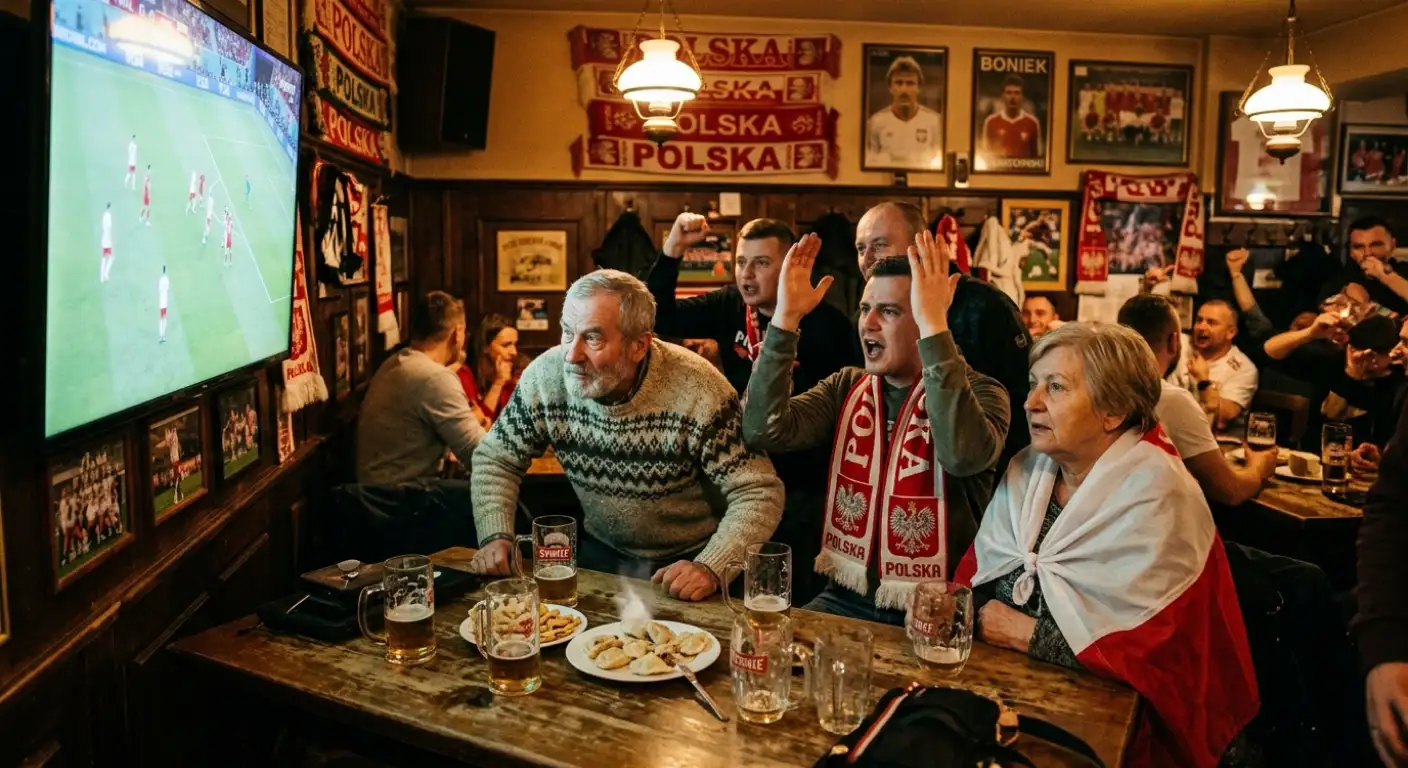 Polscy kibice w pubie oglądający finał — flagi narodowe, skupione twarze, kufle piwa, ekran z meczem w tle