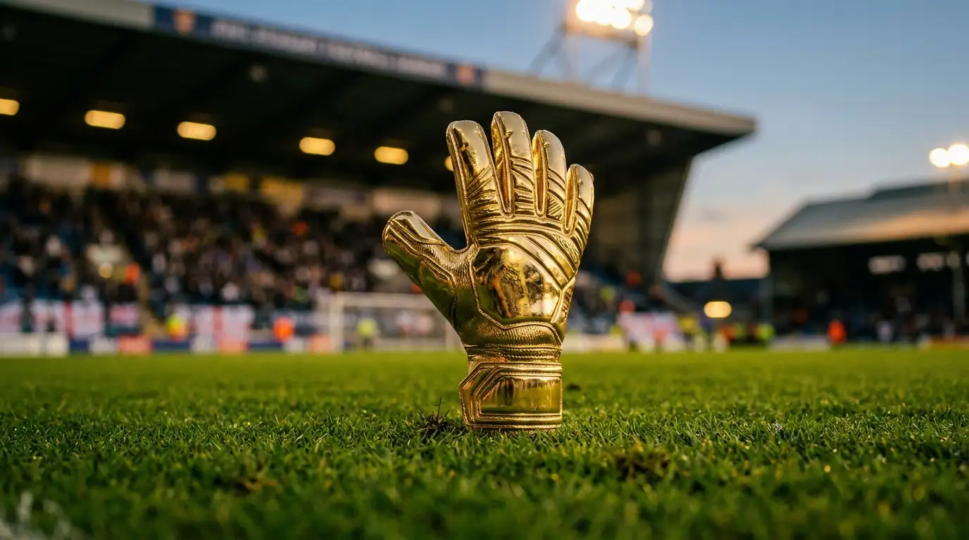 Złota Rękawica leżąca na murawie w świetle stadionowych reflektorów — symbol nagrody dla najlepszego bramkarza turnieju