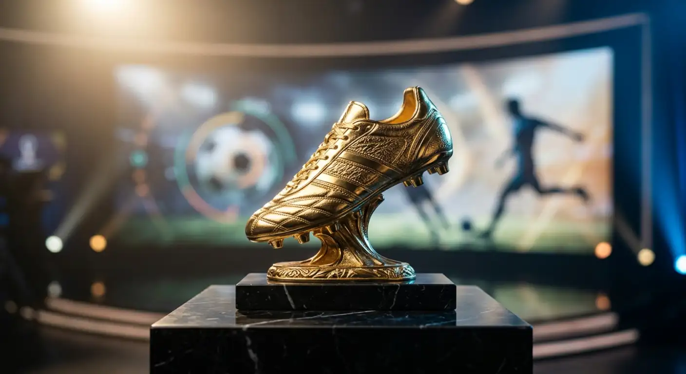 Detale trofeum Złotego Buta — złoty but na postumencie, w tle rozmazane postacie piłkarzy, miękkie oświetlenie studia telewizyjnego