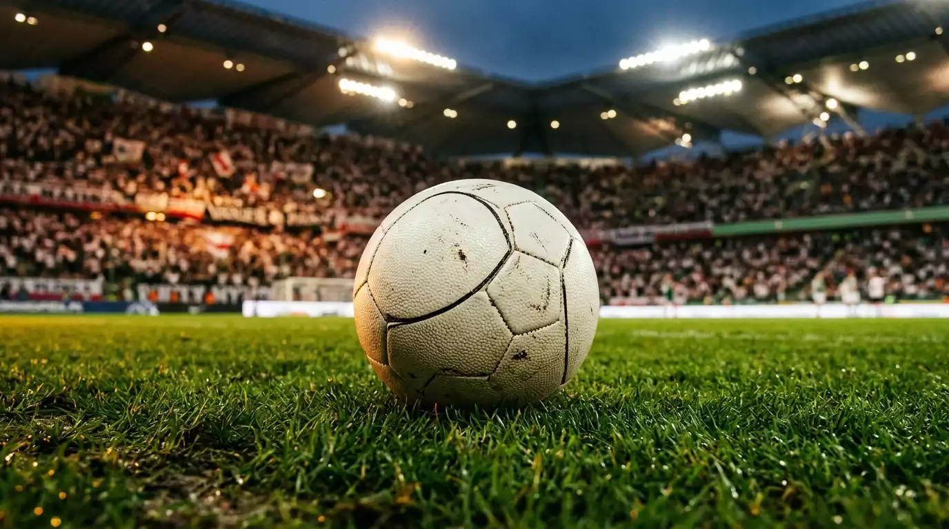 Zbliżenie na piłkę na murawie w świetle stadionowych reflektorów przed wieczornym meczem