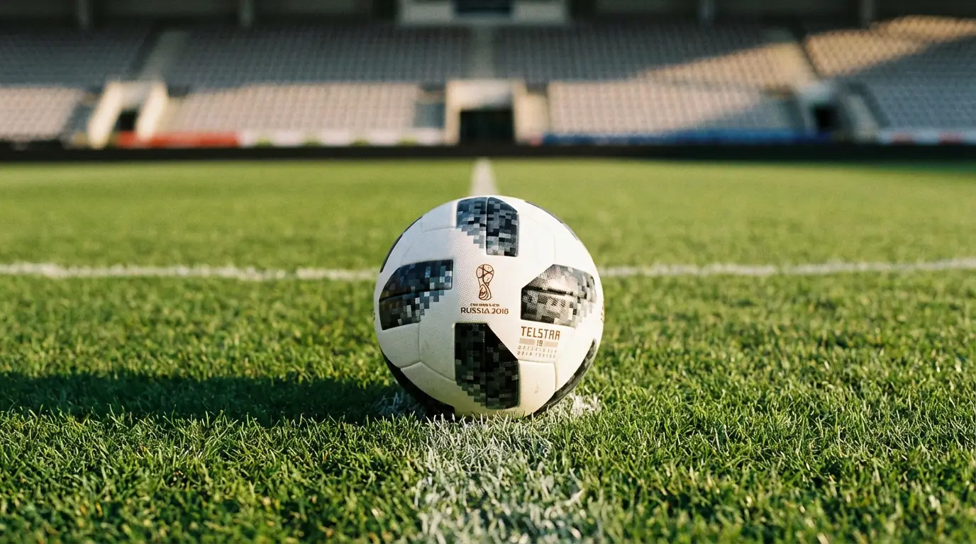 Piłka nożna na zielonej murawie stadionu przed rozpoczęciem meczu mundialowego