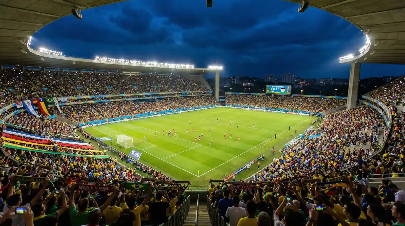 Widok na wypełniony stadion piłkarski podczas meczu Mistrzostw Świata 2026