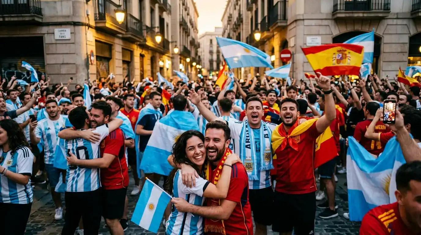 Fani Argentyny i Hiszpanii świętujący razem awans swoich drużyn do finału — flagi, szaliki, uściski, tłum na ulicy wieczorem